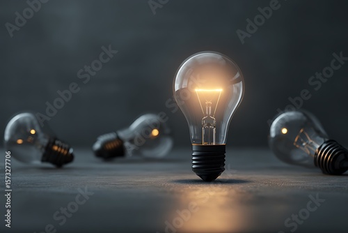 Illuminated Idea: A Single Glowing Light Bulb Amongst Others