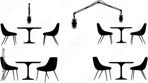 Silhouette illustration of a minimalist podcast recording setup featuring two modern chairs, a table, and a centrally suspended microphone
