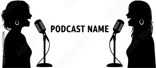 howing two smiling women talking into a hanging podcast microphone. A bold PODCAST NAME
