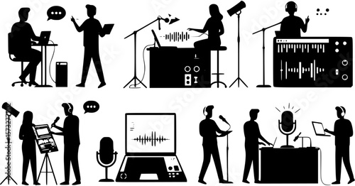 Silhouette of a team editing a podcast episode on white background
