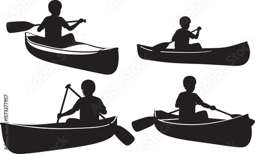 Boys Sitting In Canoe With Paddle Cartoon silhouette