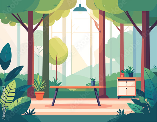 Indoor-Outdoor Forest Room Illustration: Nature-Inspired Workspace & Green Living—Generated By Adobe Firefly 