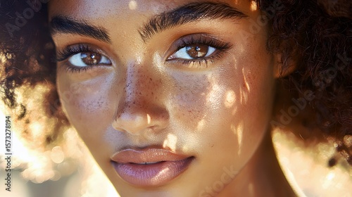 Close-up portrait of a young Black woman with curly hair and radiant skin.