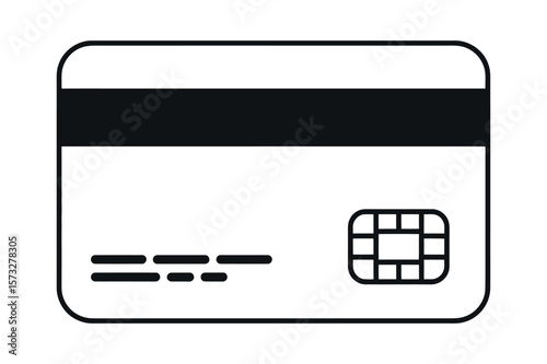 A minimalist black and white graphic representation of the back of a credit card with a magnetic stripe and chip
