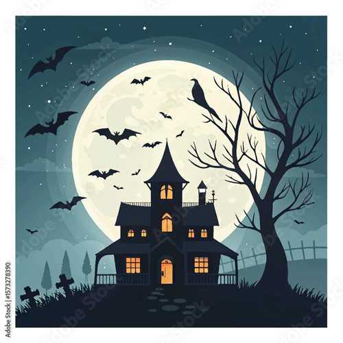 Halloween haunted house silhouette with bats under a spooky moonlit night sky vector illustration