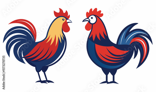 Two stylized roosters facing each other with vibrant plumage chicken bird
