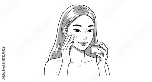 Young woman applying skincare cream with gentle smile indoors  