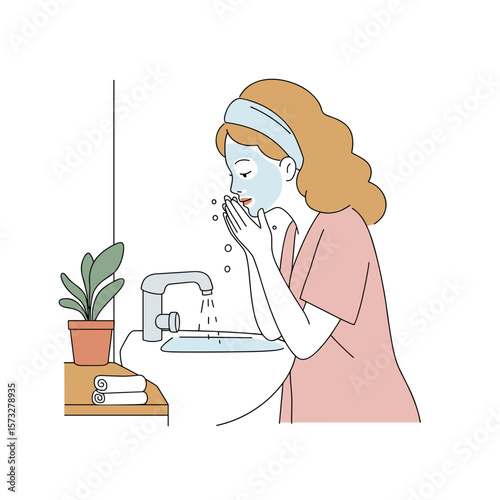 Woman washing her face at bathroom sink with skincare routine  