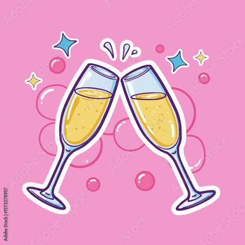 Two champagne glasses clinking on pink background with bubbles  