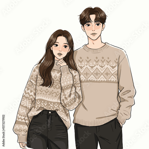 Young couple wearing matching knitted sweaters in neutral tones  