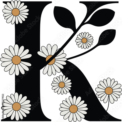 A whimsical illustration featuring the letter "K" adorned with cheerful daisies. The bold black letter contrasts beautifully with the white flowers and golden centers, creating a fresh and vibrant.