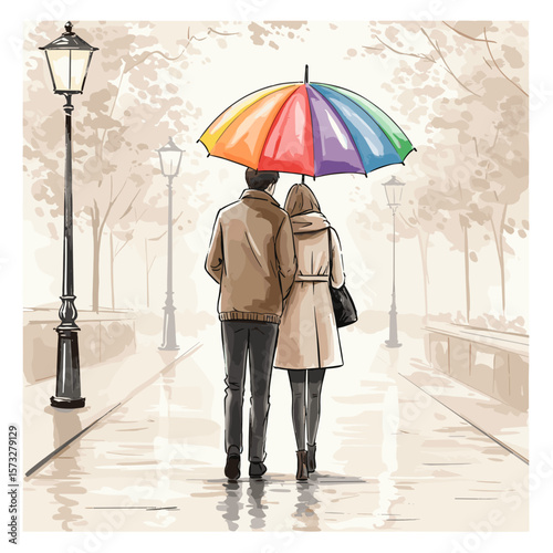 Couple walking under colorful umbrella on rainy street in autumn  