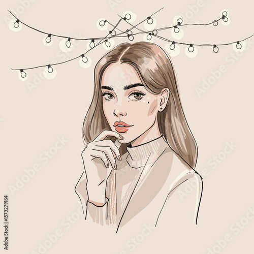 Young woman posing with soft expression under decorative lights  
