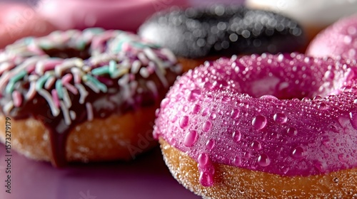 Closeup of colorful frosted donuts with sprinkles and sugar in sweet dessert bakery concept vibrant composition