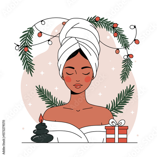 Young woman relaxing with spa treatment and festive decoration  