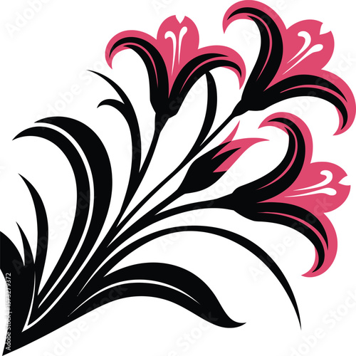 A bold and elegant illustration featuring stylized flowers in vibrant pink and deep black, accompanied by graceful flowing leaves. This striking design captures a sense of sophistication and beauty.