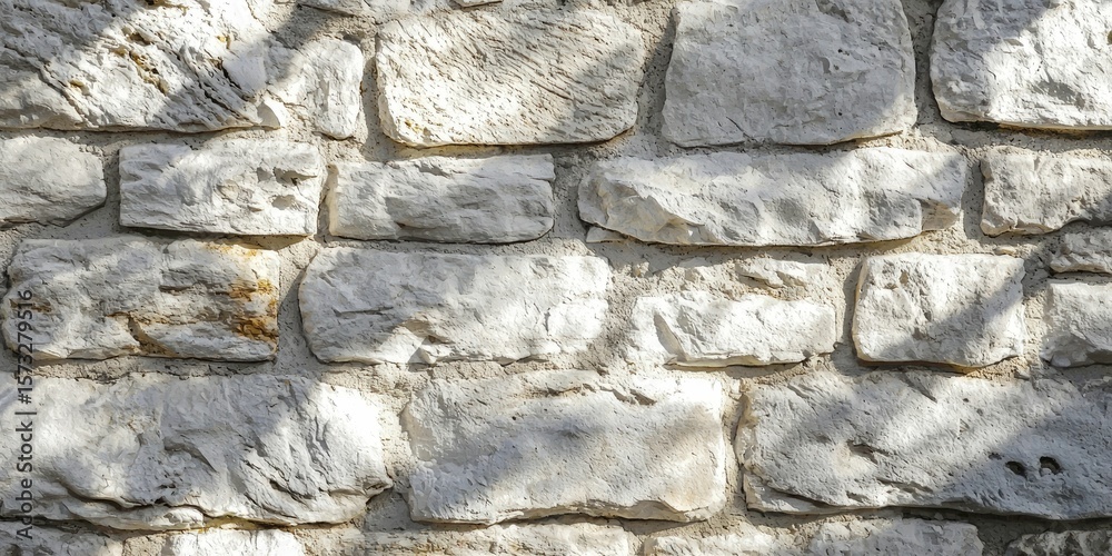 Fototapeta premium Sunlit white masonry wall with rough stone texture and shadow play