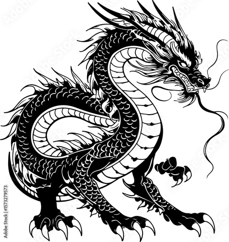 Oriental Dragon Tattoo Silhouette Design" vector bundle