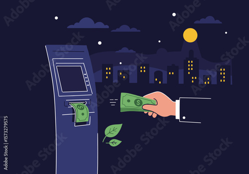 Hand withdrawing cash from ATM at night with city skyline background  