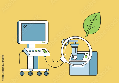 Medical equipment with monitor and test tube on yellow background  