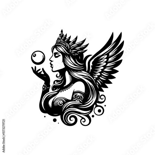 Elegant winged woman with crown, gazing at a floating bubble, in monochrome.
