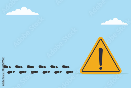 Vector illustration of footprints moving away from a warning sign, symbolizing caution, avoidance of danger, and making safe choices to prevent risks and hazards
