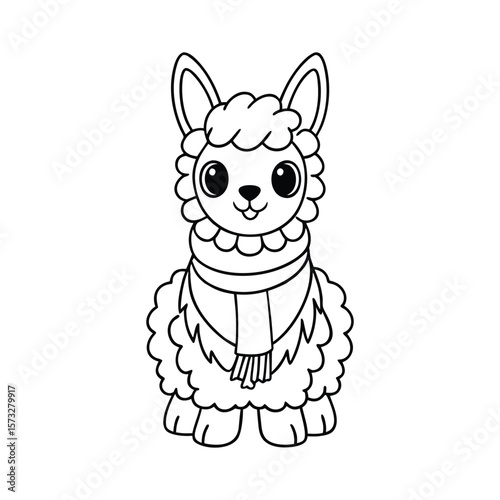 Adorable little alpaca with fuzzy fur for kids coloring book Vector illustration