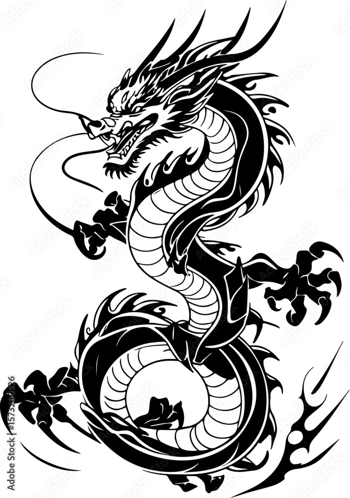 Fototapeta premium Oriental Dragon Tattoo Silhouette Design