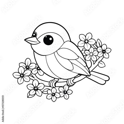 Sweet little chickadee bird perched calmly for kids coloring book Vector illustration
