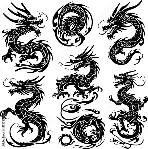Oriental Dragon Tattoo Silhouette Design" vector bundle