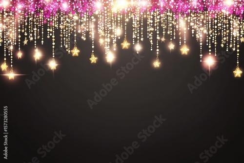 Sparkling, gold and pink glitter strands with stars descend on a dark background