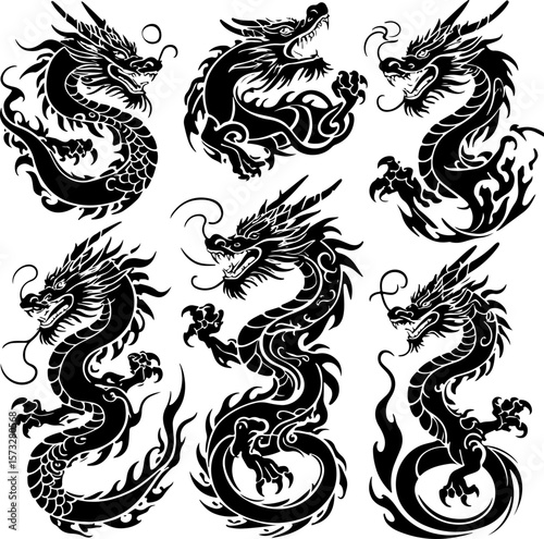 Oriental Dragon Tattoo Silhouette Design" vector bundle