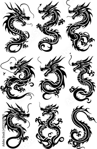Oriental Dragon Tattoo Silhouette Design" vector bundle