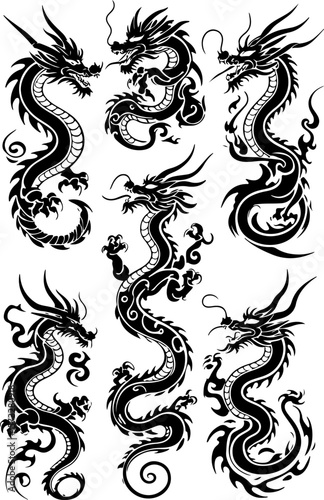 Oriental Dragon Tattoo Silhouette Design" vector bundle