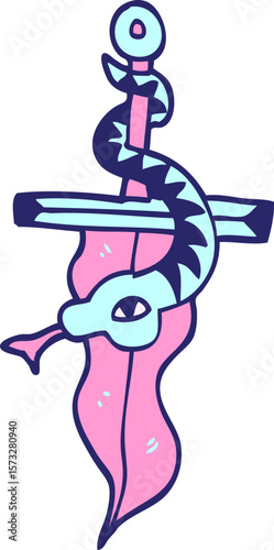 cartoon doodle dagger and snake tattoo in bright neon color