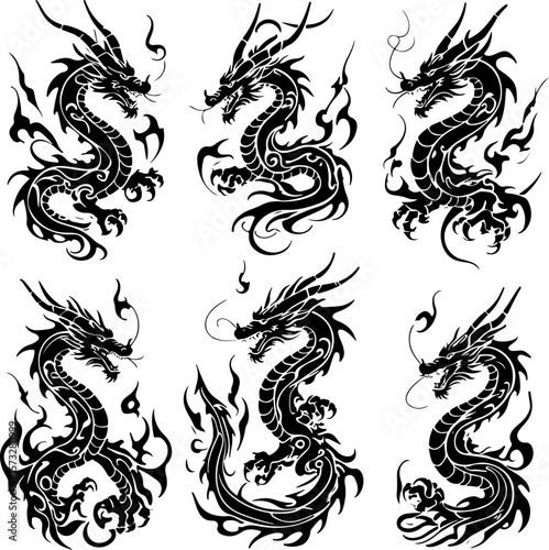 Oriental Dragon Tattoo Silhouette Design" vector bundle