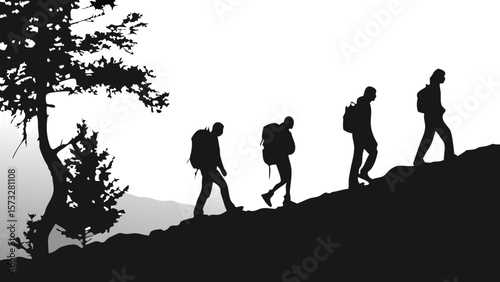 Group of Friends Hiking Silhouette Enjoying  Team on Mountain Top