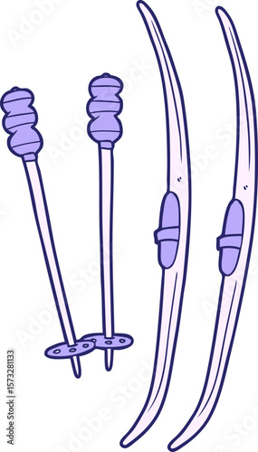 cartoon skis and poles in bright neon color