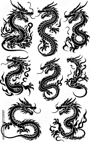 Oriental Dragon Tattoo Silhouette Design" vector bundle