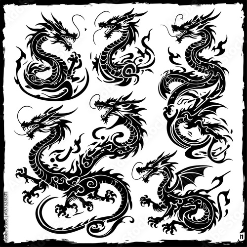 Oriental Dragon Tattoo Silhouette Design" vector bundle