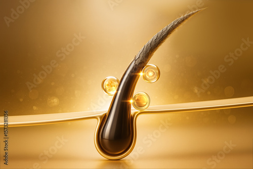 Luxurious 3D render of golden serum micro-droplets enveloping a healthy hair root, illustrating deep follicle nourishment, strength, gloss, and scalp renewal for premium hair-care innovation.
