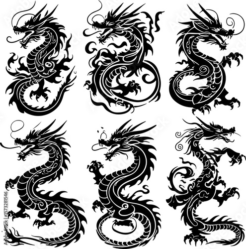 Oriental Dragon Tattoo Silhouette Design" vector bundle