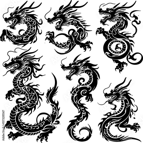 Oriental Dragon Tattoo Silhouette Design" vector bundle