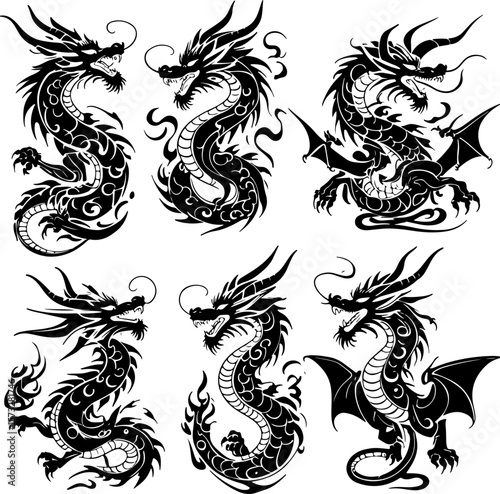 Oriental Dragon Tattoo Silhouette Design" vector bundle