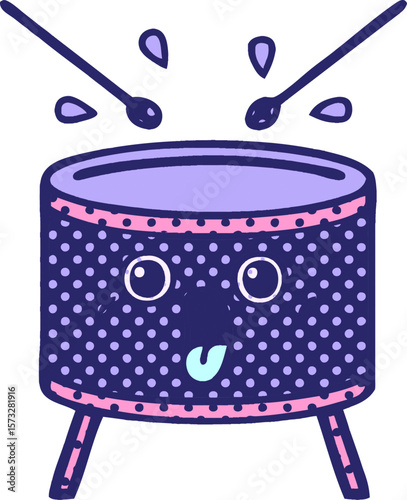 comic book style cartoon of a drum in bright neon color