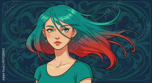 Beautiful girl with long multicolored hair fluttering in the wind. Fiery grace: woman in teal. Vector, EPS 10 file.