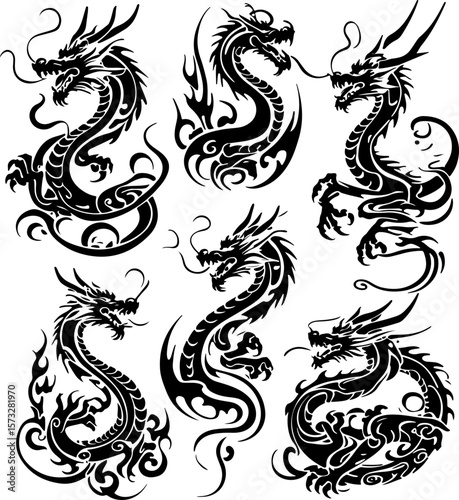 Oriental Dragon Tattoo Silhouette Design" vector bundle