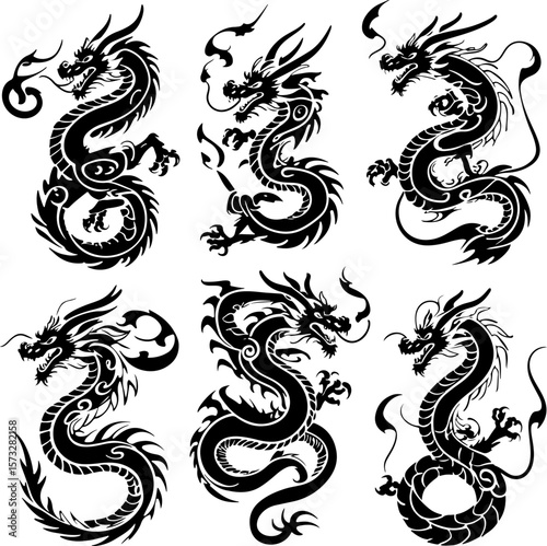 Oriental Dragon Tattoo Silhouette Design" vector bundle