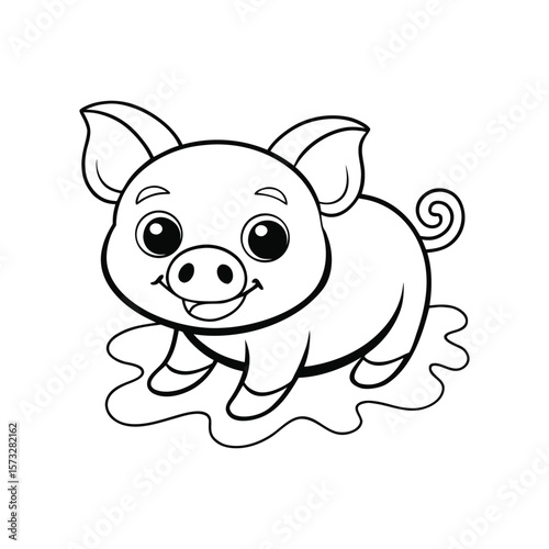 Playful piglet splashing in mud for kids coloring book Vector illustration