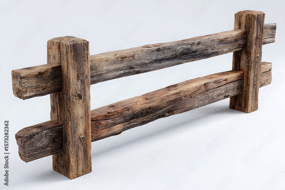 Obraz premium Rustic Weathered Gray Brown Wooden Fence Section Studio Shot Two Horizontal Rails Thick Posts Aged Timber Fence Panel